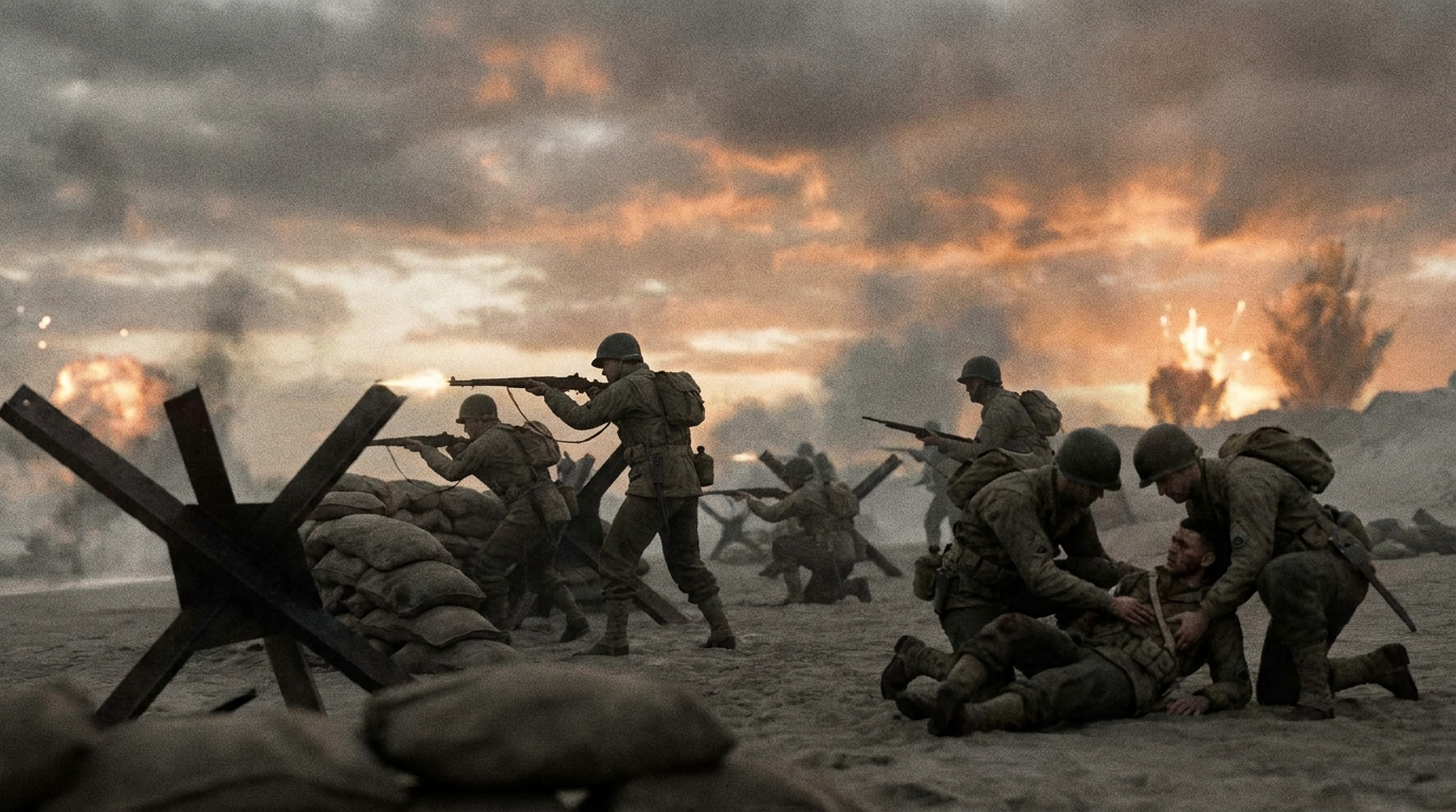 Escena de combate de la Segunda Guerra Mundial con soldados en la playa de Normandía, estilo cinematográfico de Call of Duty World at War 2008