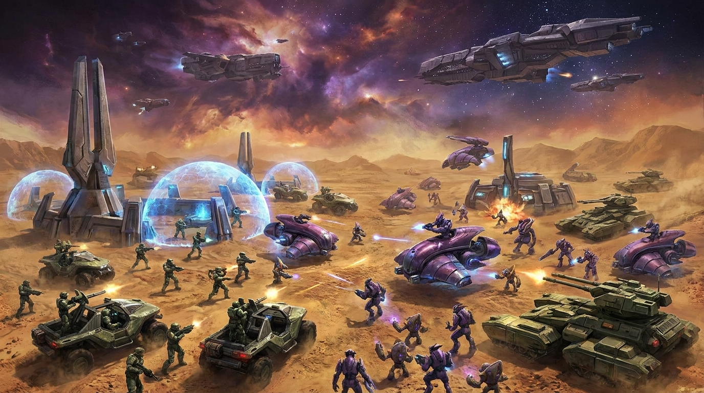Campo de batalla futurista con fuerzas de la UNSC y Covenant del universo Halo Wars, el icónico RTS de ciencia ficción de 2008