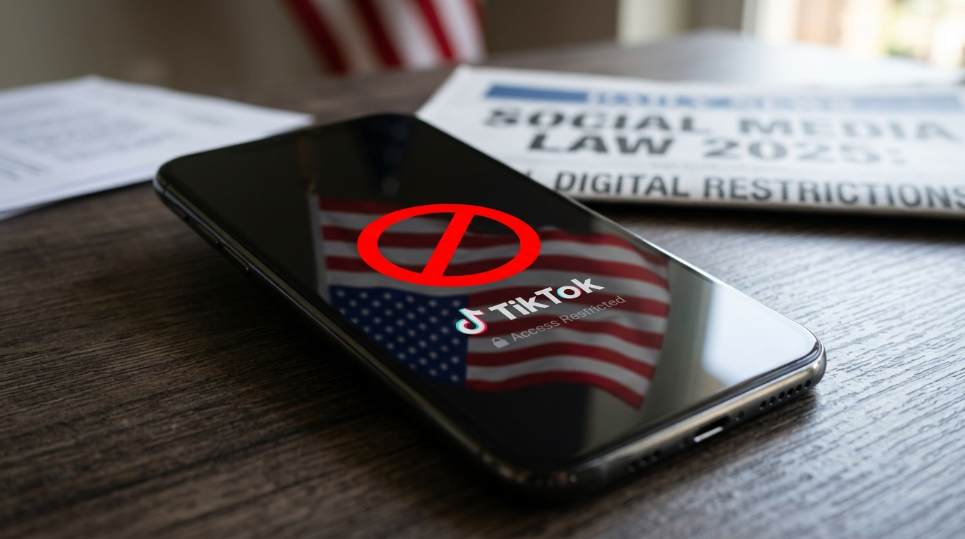 Smartphone mostrando la app TikTok bloqueada con bandera americana reflejada en la pantalla oscura, representando la prohibición de 2025