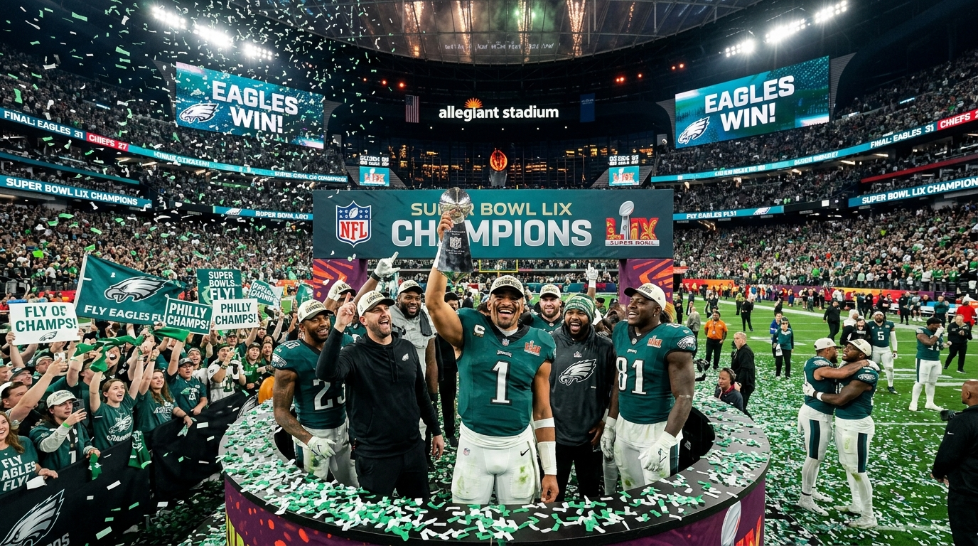 Celebración de los Philadelphia Eagles como campeones del Super Bowl LIX 2025 con confeti verde y blanco cayendo en el estadio
