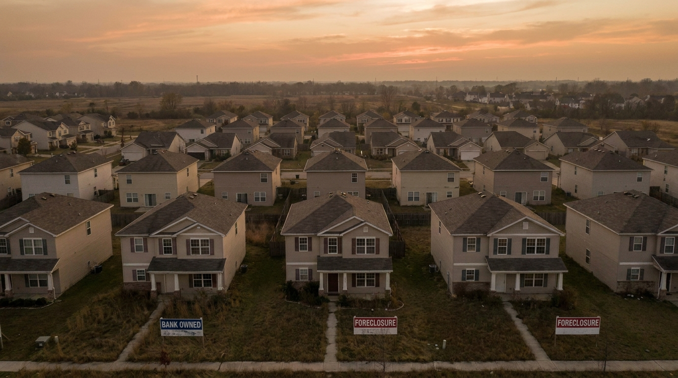 Casas embargadas con carteles de banco en un suburbio americano durante la crisis inmobiliaria de 2008