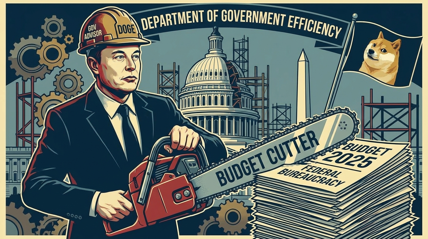 Ilustración dramática del DOGE Departamento de Eficiencia Gubernamental 2025 con referencia al recorte del presupuesto federal americano