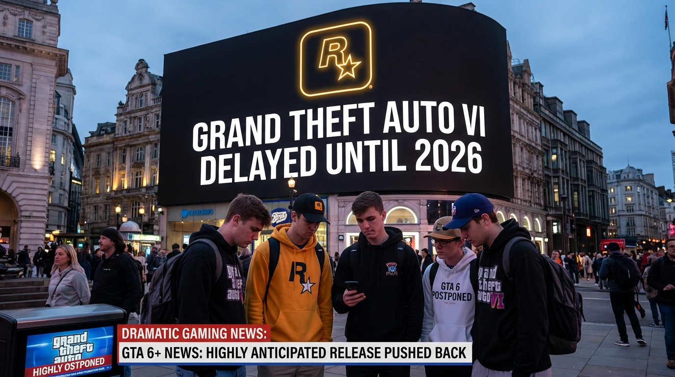 Anuncio dramático del retraso de GTA VI por Rockstar Games, con jugadores decepcionados y la fecha 2026 destacada
