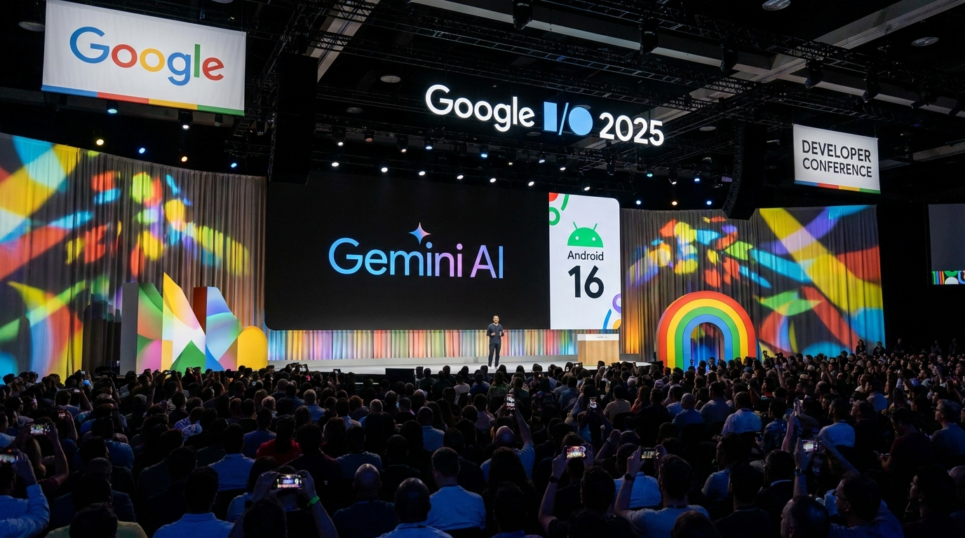 Escenario de la conferencia Google I/O 2025 con presentación de Gemini AI y el logo de Google en colores vibrantes