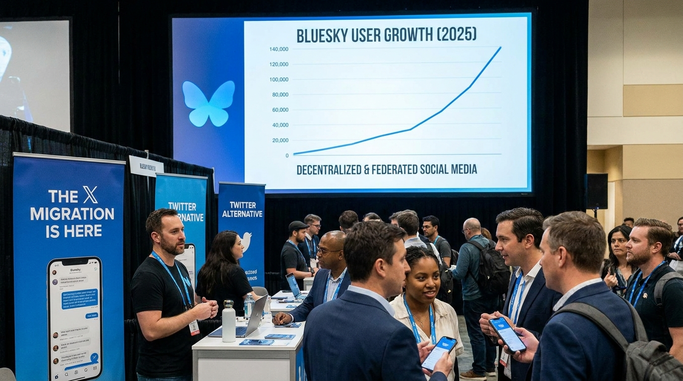 Logo de Bluesky con mariposa azul y usuarios migrando desde X hacia la red social descentralizada en 2025