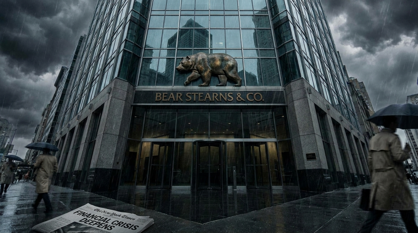 Edificio de oficinas vacío con atmósfera de crisis financiera de Wall Street 2008, simbolizando el colapso de Bear Stearns