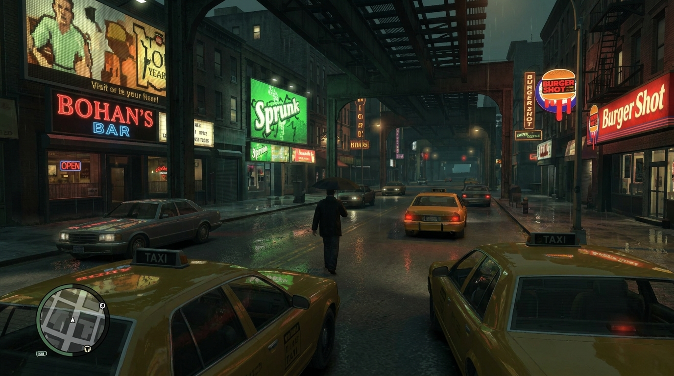 Ciudad nocturna estilo Liberty City de GTA IV con calles mojadas y luces de neón, el icónico mundo abierto de Rockstar Games en 2008