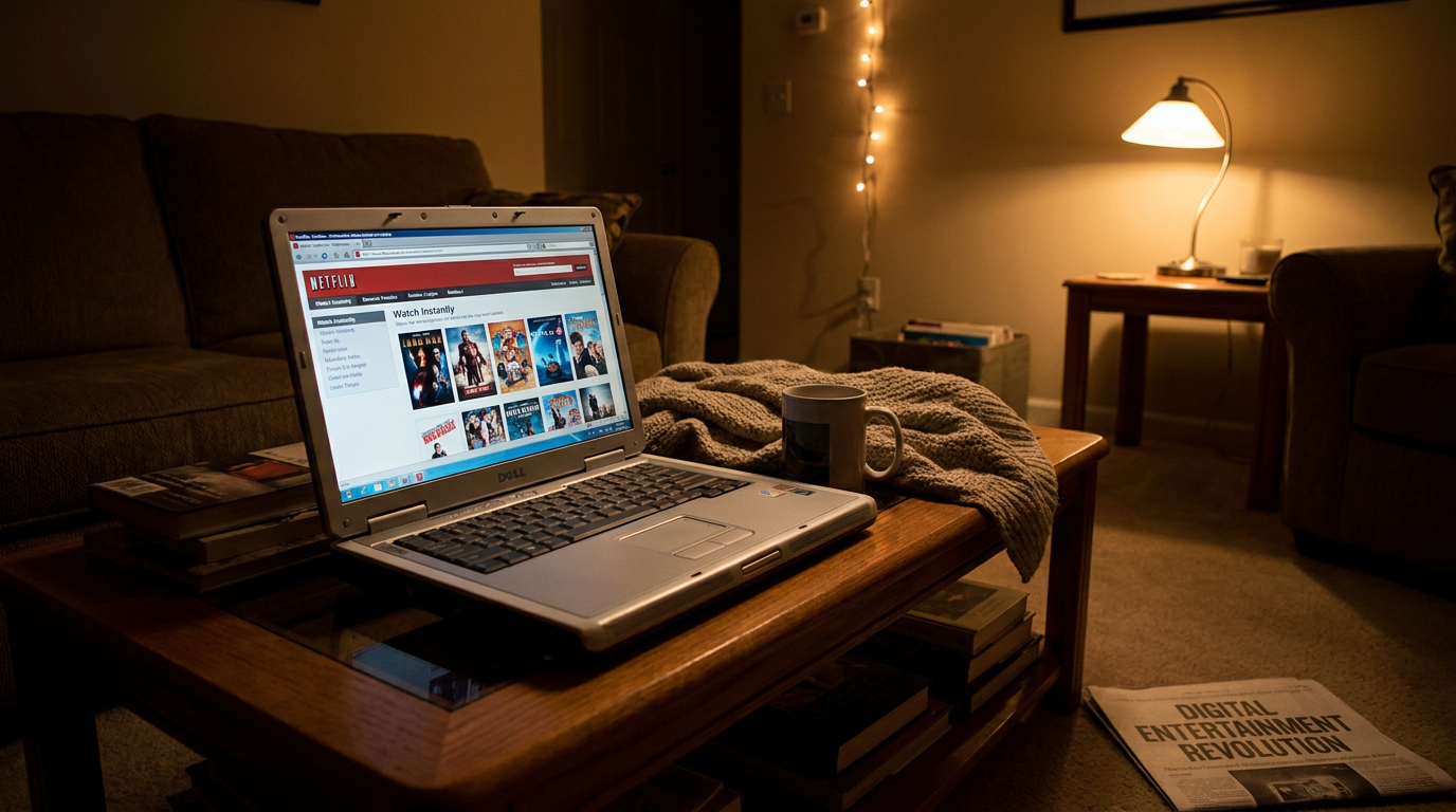 Pantalla de laptop mostrando interfaz de streaming de Netflix en sala de estar acogedora, revolución del entretenimiento digital en 2008